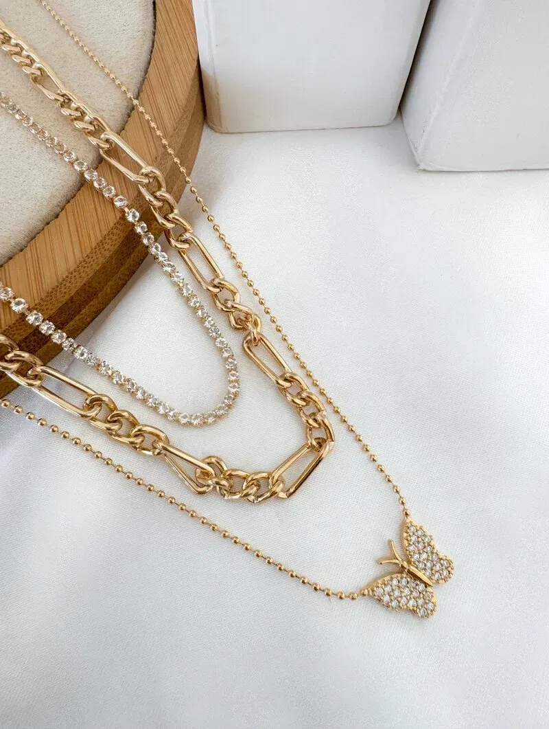 Trio de Joinhas Folheado a Ouro 18k e Prata Corrente, Micro Zircônias e Borboleta Cravejada