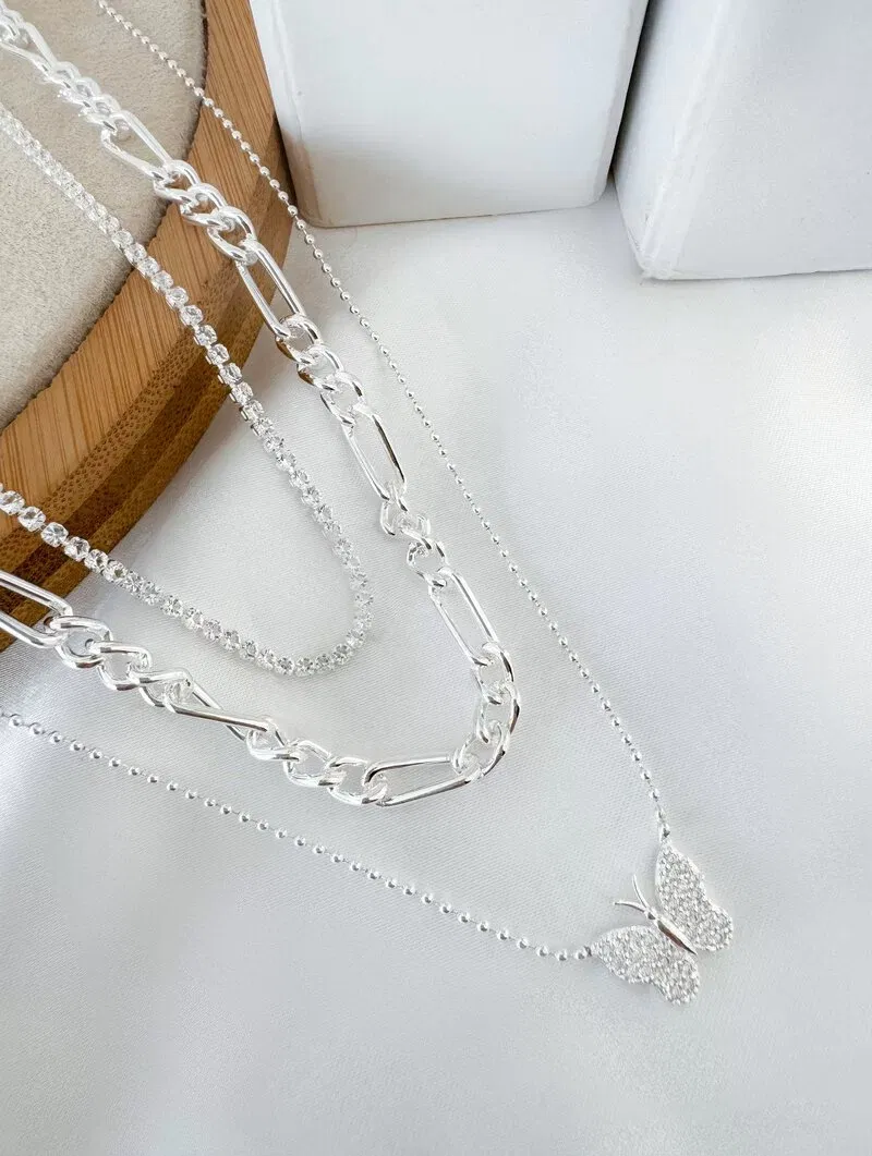 Trio de Joinhas Folheado a Ouro 18k e Prata Corrente, Micro Zircônias e Borboleta Cravejada