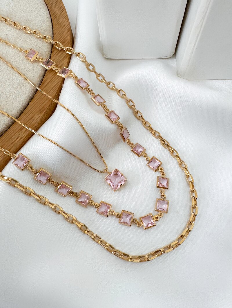 Trio de Joinhas Folheado a Ouro 18k e Prata Corrente com Zircônias Rosa