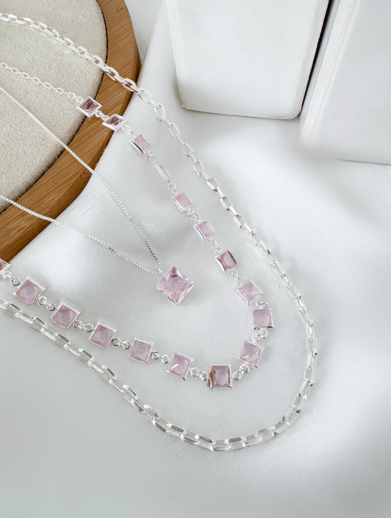 Trio de Joinhas Folheado a Ouro 18k e Prata Corrente com Zircônias Rosa