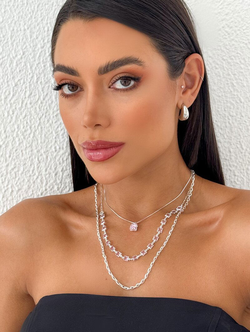 Trio de Joinhas Folheado a Ouro 18k e Prata Corrente com Zircônias Rosa