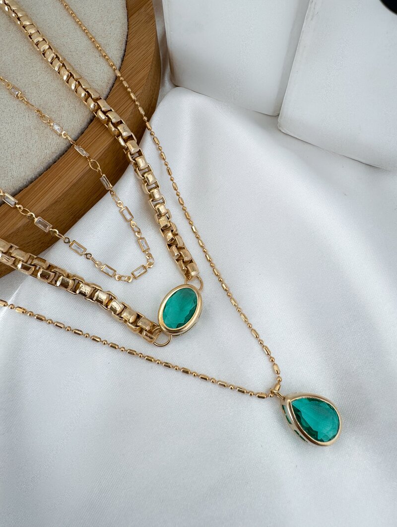 Trio de Joinhas Folheado a Ouro 18k e Prata Corrente Quadrada com Zircônias Verde