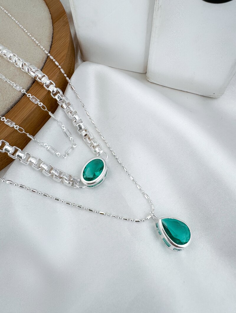 Trio de Joinhas Folheado a Ouro 18k e Prata Corrente Quadrada com Zircônias Verde