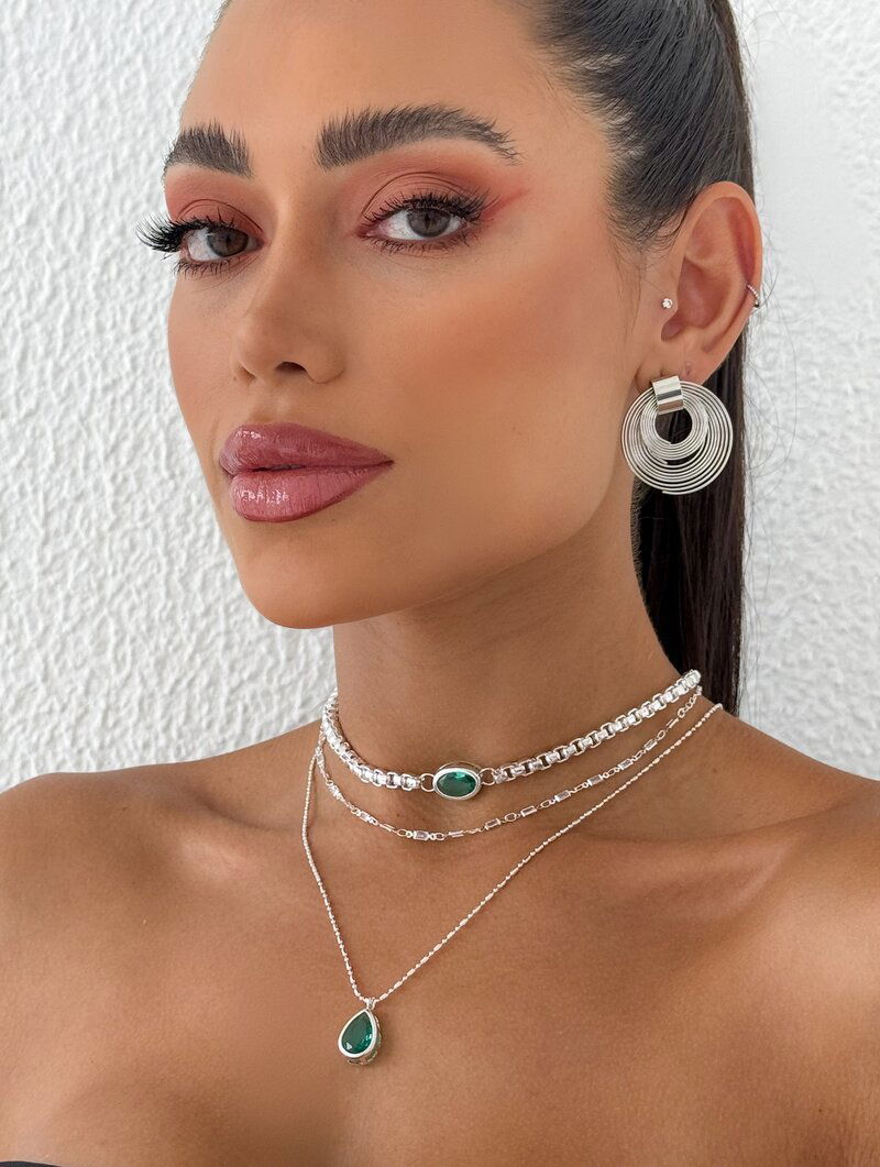 Trio de Joinhas Folheado a Ouro 18k e Prata Corrente Quadrada com Zircônias Verde