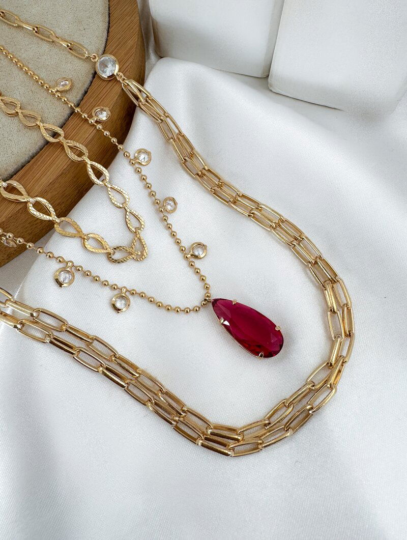 Trio de Joinhas Folheado a Ouro 18k e Prata Elos, Cristais e Gota de Zircônia