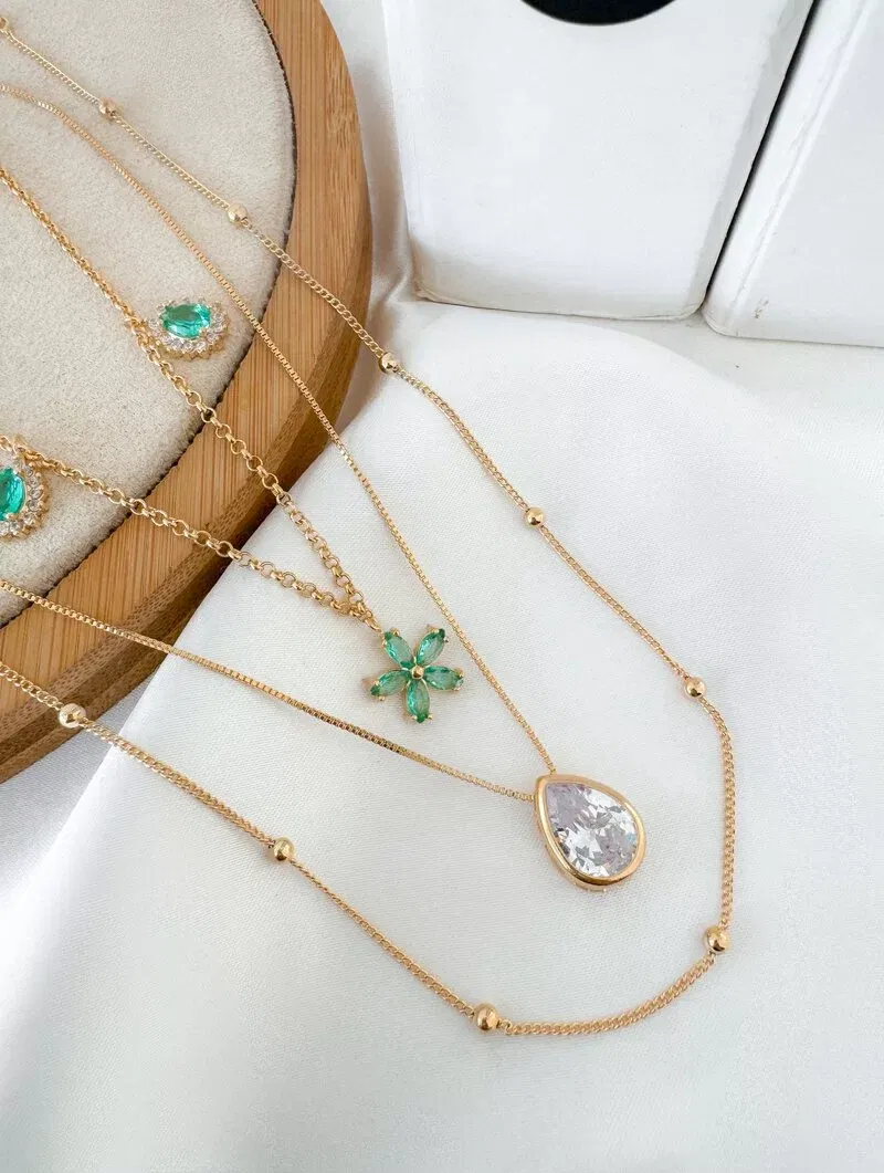 Trio de Joinhas Folheado a Ouro 18k e Prata Gota e Flor de Zircônia