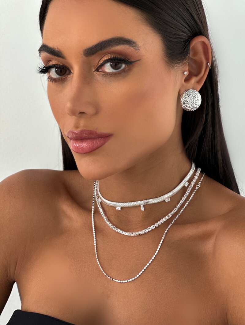 Trio de Joinhas Folheado a Ouro 18k e Prata Malha com Corrente de Zircônias